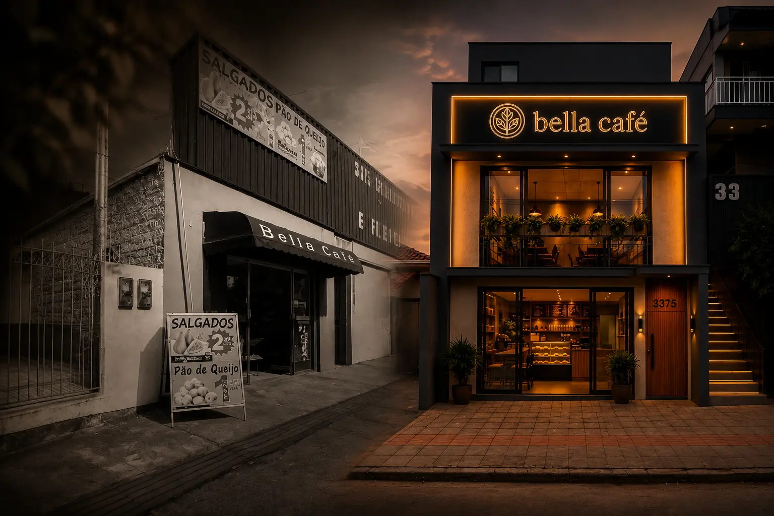 Comparativo da Bella Café antes da reforma e hoje, com a nova fachada iluminada