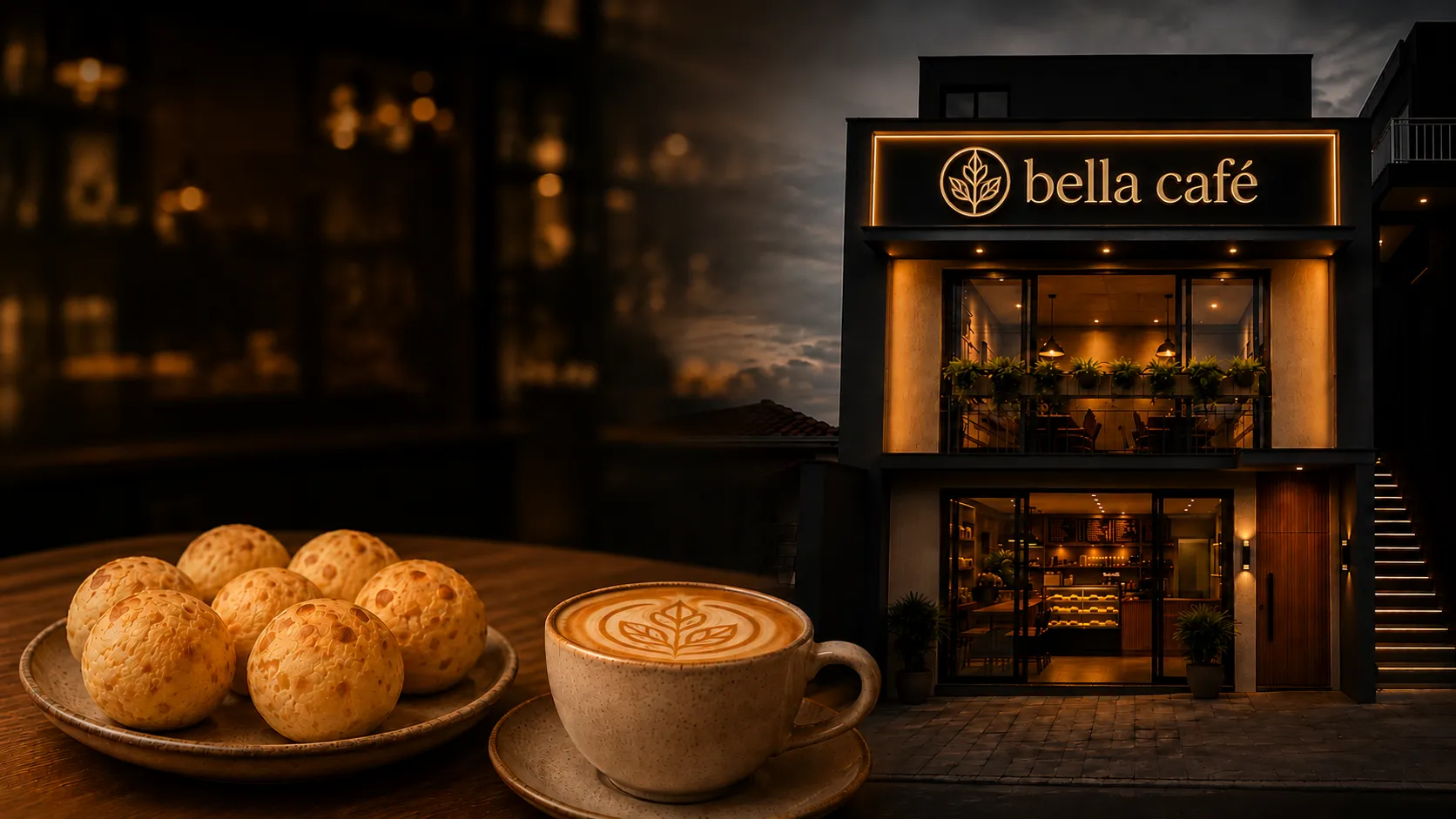 Fachada noturna moderna da Bella Café